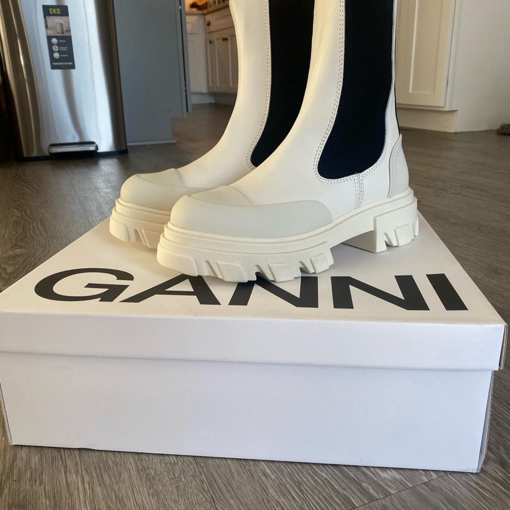 Ganni White and Black Heeled Boots